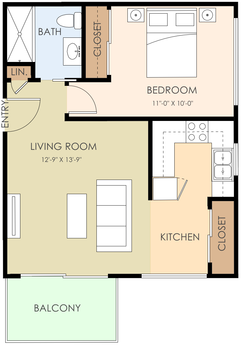 Floor plan for 1 bed, 1 bath